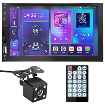 7" HD Double Din Touchscreen Car Stereo, MONOMODE CarPlay Multimedia Player MP5 Player Car Audio Receiver with Backup Camera Compatible Bluetooth Handsfree/GPS/Mirror Link/AUX FM Transmitter