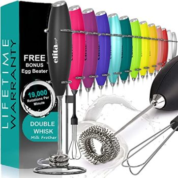 ELITAPRO Milk Frother Wand - Ultra-High Speed Double Whisk Frother Handheld - 19,000 RPM Drink Mixer with Egg Beater - Detachable Milk Foamer for Capuccino, Lattes, Hot Chocolate - Black