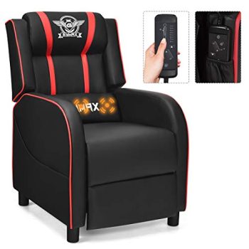 GYMAX Gaming Recliner, Massage Gaming Chair with Adjustable Footrest, Remote Control & Side Pocket, Ergonomic Game Lounge Chair, Racing Style Single Theater Seat Game Sofa for Adults (Red)