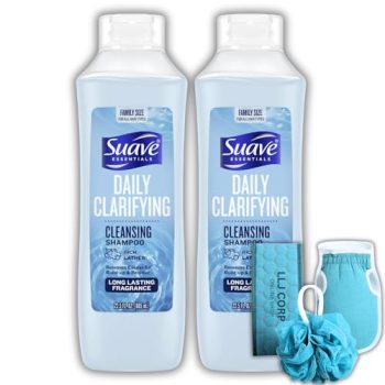 Suave Essentials Shampoo - Daily Clarifying Cleansing - Family Size - 22.5 FL OZ 665mL Pack 2 Bundle With 3 LLJ Corp Mesh Bath And Shower (Color may variety)
