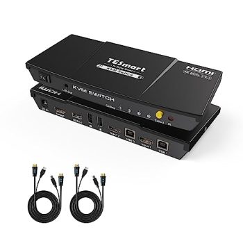 TESmart HDMI KVM Switch 2 Port 4K@60Hz, KVM Switch 1 Monitor 2 Computers EDID Emulators, USB 2.0, L/R Audio, Hotkey Switch, Button Switch with Remote Controller and All Cables