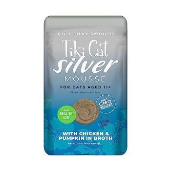 Tiki Cat SIlver Mousse, With Chicken & Pumpkin In Broth, Silky Smooth Nutrient Rich Formulated for Older Cats Aged 11+, 2.9 oz. Pouch (Pack of 12)