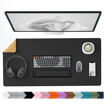 Aothia Office Desk Pad, Natural Cork & PU Leather Dual Side Large Mouse Pad, Laptop Desk Table Protector Writing Mat Easy Clean Waterproof for Office Work/Home/Decor (Black,31.5" x 15.7")