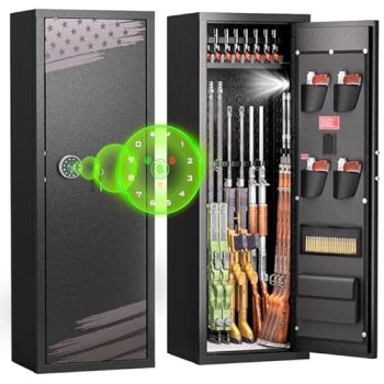 Atripark Fingerprint Rifle Safe, 10-12 Gun Safes for Home Rifle and Pistols with LED Light, Unassembled Gun Cabinets with Adjustable Pistol Rack, Pockets
