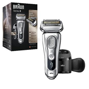 Braun Electric Razor for Men, Waterproof Foil Shaver, Series 9 9390cc, Wet & Dry Shave, With Pop-Up Beard Trimmer for Grooming, Cleaning & Charging SmartCare Center and Leather Travel Case, Silver