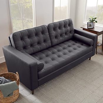 Edenbrook Lynnwood Upholstered Sofa - Couch for Living Room Office or Bedroom - Mid-Century Modern Design Furniture - Buttonless Tufting - Simple Assembly - 2 Bolster Pillows - Black Faux Leather