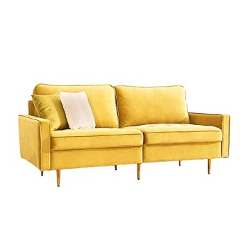 JULYFOX Yellow Velvet Fabric Sofa Couch, 70 inch Wide Mid Century Modern Living Room Couch 700lb Heavy Duty