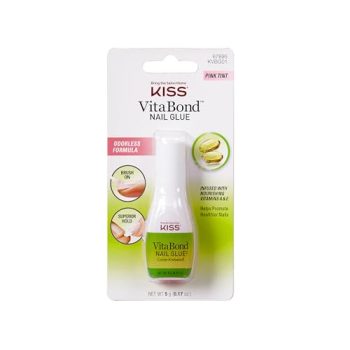 KISS VitaBond Brush-On Nail Glue for Press On Nails, Ultra Hold Odorless Nail Adhesive, Vitamin A & E Infused, Pink Tint, Twist-Off Cap & Brush Applicator, 5g (0.17 oz.)