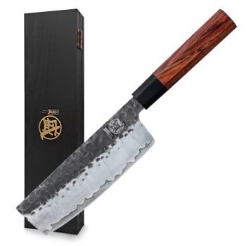 MITSUMOTO SAKARI 7 inch Japanese Nakiri Chef Knife, High Carbon Stainless Steel Vegetable Kitchen Knife, Hand Forged Professional Multipurpose Asian Chef Knife (Rosewood Handle & Gift Box)