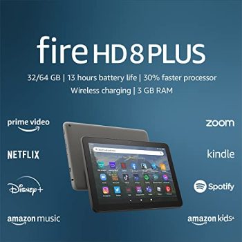 Amazon Fire HD 8 Plus tablet, 8” HD Display, 32 GB, 30% faster processor, 3GB RAM, wireless charging, (2022 release), Gray