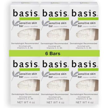 Basis Sensitive Skin Bar Soap - Cleans and Soothes with Chamomile and Aloe Vera, Use as Body Wash or Hand Soap - Pack of 6