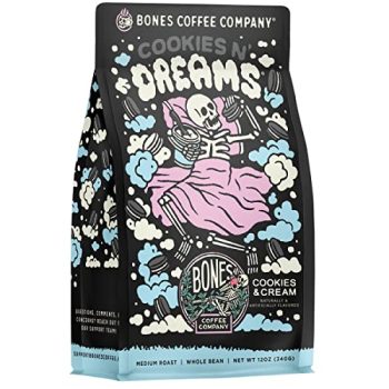Bones Coffee Company Cookies 'N Dreams Flavored Coffee Beans & Ground Coffee Cookies & Cream Flavor | 12 oz Medium Roast Arabica Low Acid Coffee | Gourmet Coffee (Whole Bean)
