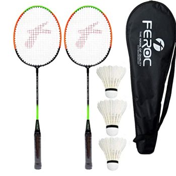 Feroc Aluminum Badminton -Racket Set of -2 with- 3 Pieces Feather shuttles with Full- Cover