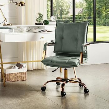 HULALA HOME Faux Leather Home Office Desk Chair, Adjustable Swivel Computer Chair with Golden Legs and Arms, Comfy Upholstered Task Chair,SAGE