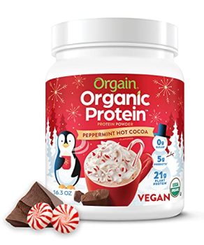 Orgain Organic Vegan Protein Powder, Peppermint Hot Cocoa Seasonal Holiday Flavor - 21g of Plant Based Protein, Non Dairy, Gluten Free, 2g of Fiber, No Sugar Added, Soy Free, Non-GMO, 1.02 Lb