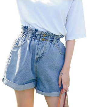 Plaid&Plain Women's High Waisted Denim Shorts Rolled Blue Jean Shorts Light Blue XS