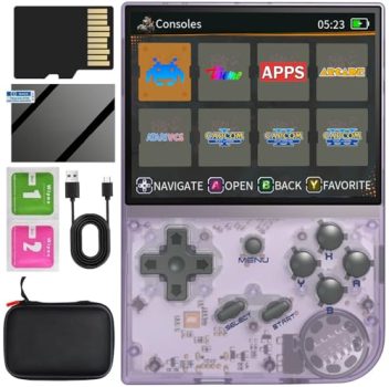 RG35XX Handheld Game Console , Dual System Linux+GarlicOS 3.5 Inch IPS Screen Built-in 64G TF Card 6831 Classic Games Support HDMI TV Output with Portable Bag (Transparent Purple)