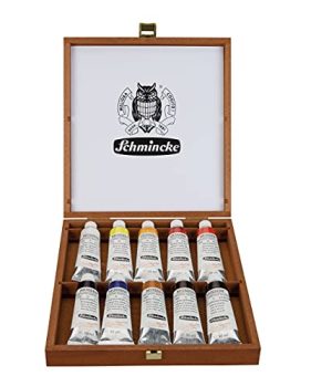 Schmincke - MUSSINI® finest resin oil colors, 10 x 35 ml set, 70 010 097, wooden box walnut-tinted, resin oil color based on recipes of old masters