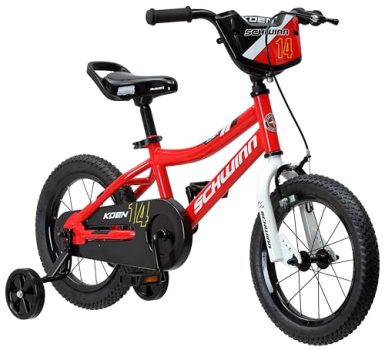 Schwinn Koen & Elm BMX Style Toddler and Kids Bike, For Girls and Boys, 14-Inch Wheels, With Saddle Handle, Training Wheels, Chain Guard, and Number Plate, Recommended Height 36-40 Inch, Red