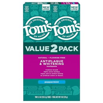Tom's of Maine Fluoride-Free Antiplaque & Whitening Natural Toothpaste, Peppermint, 5.5 oz. 2-Pack