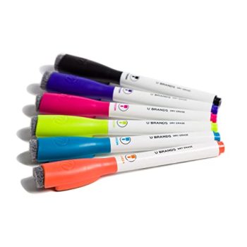 U Brands Magnetic Dry Erase Markers With Erasers, Set of 6, Assorted Colors, Low-Odor, Medium (2 mm) Point