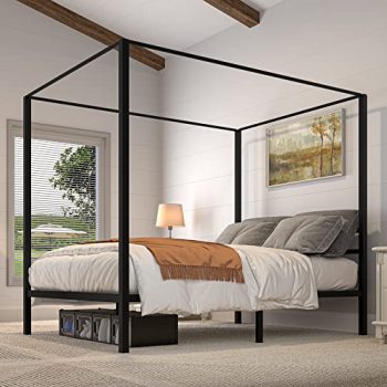 YITAHOME Canopy Bed Frame Metal Four Posters 14 Inch Platform with Built-in Headboard Strong Metal Slat Mattress Support, No Box Spring Needed, Black, Queen Size
