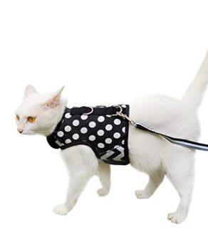 Yizhi Miaow Cat Harness and Leash for Walking Escape Proof for Winter, Adjustable Cat Walking Jackets, Padded Stylish Cat Vest, Polka Dot Black, Large