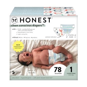 The Honest Company Clean Conscious Diapers | Plant-Based, Sustainable | Dots & Dashes + Multi-Colored Giraffes | Club Box, Size 1 (8-14 lbs), 78 Count