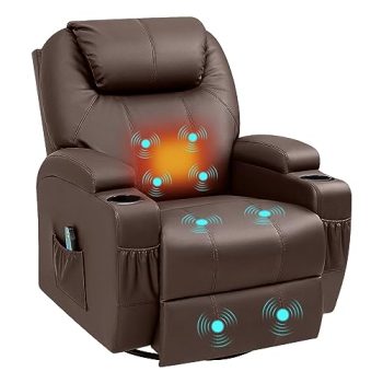YESHOMY Swivel Rocker Recliner with Massage and Heating Functions, Sofa Chair with Remote Control and Two Cup Holders, Suitable for Living Room, PU Leather Brown